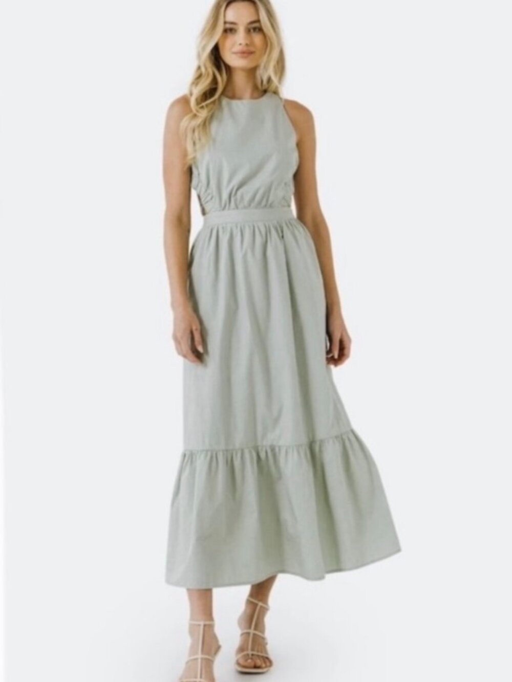 Anna Rae Sage Green Smocked-Waist Maxi Dress with Wide Criss Cross Straps, XS